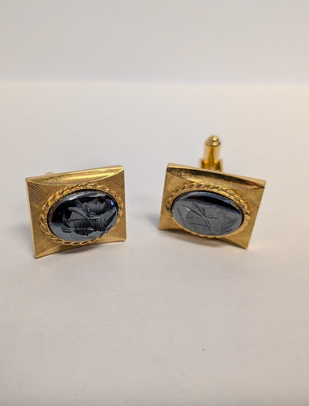 Gold-Tone Men's Cufflinks with Carved Hematite Inset